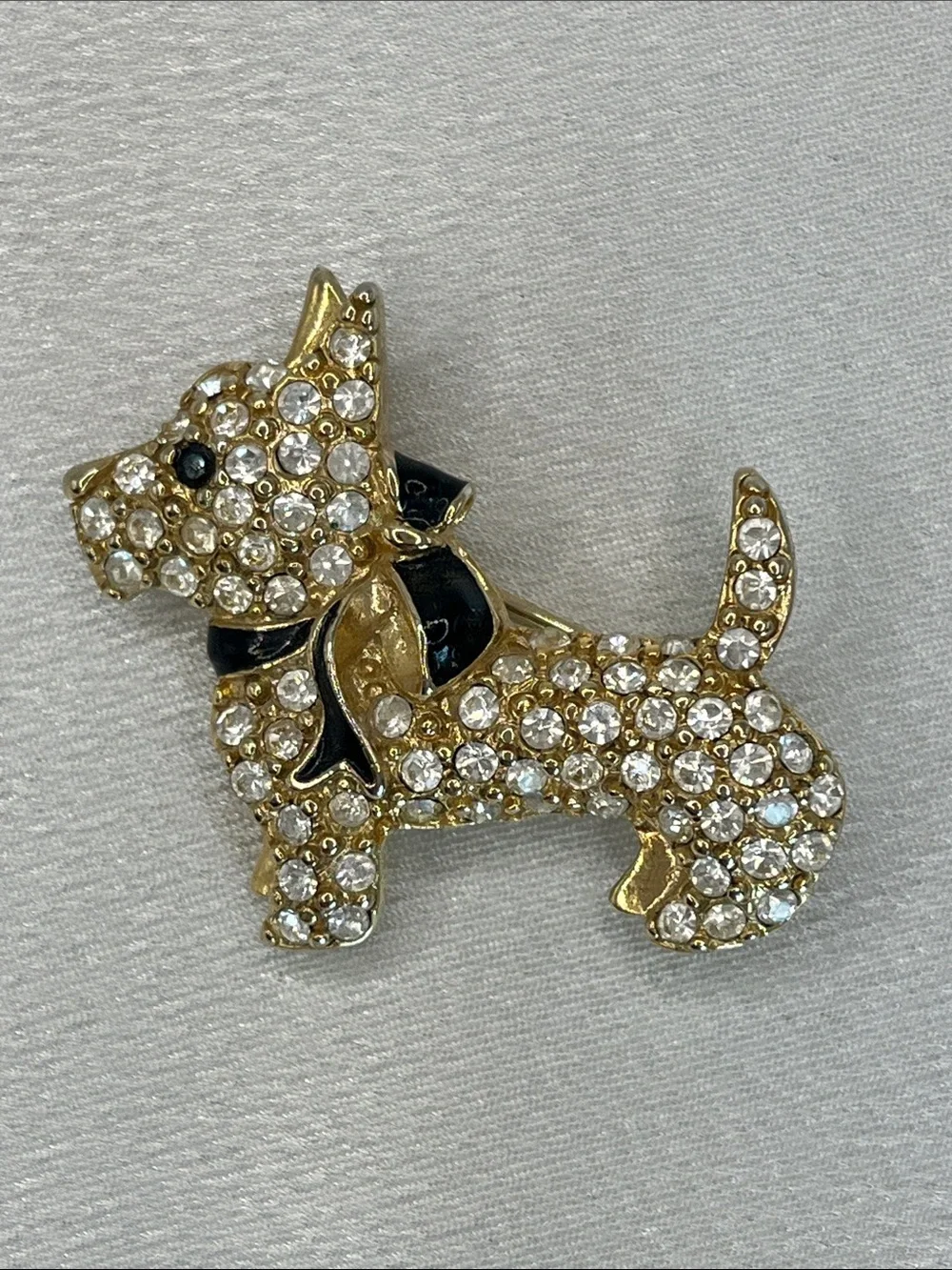 Monet Gold Crystal Scotty Dog Pin with Black Enamel Bow